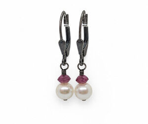 Vintage 925 Sterling Silver Genuine Pearl Amethyst Earrings Leverback Dangle